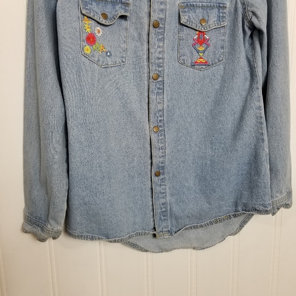 Free People Home Made Denim Shirt Wunderlust Embroidered Sz L - Picture 4 of 15